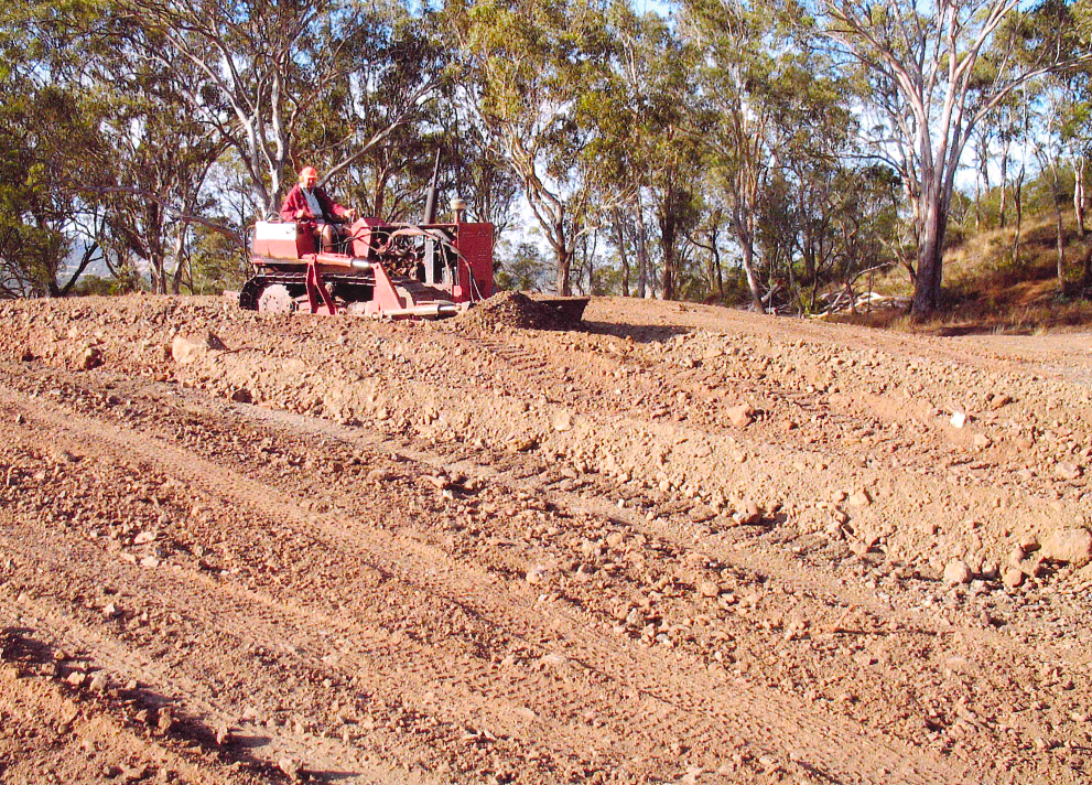 A small red bulldozer levels a dirt patch in a clearing surrounded by trees. A person drives the bulldozer.