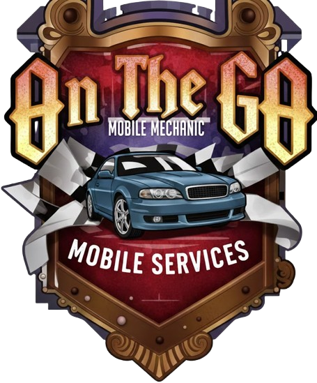 Logo for "On The Go Mobile Mechanic." Features a blue car, checkered flag, and text on a shield-shaped design.