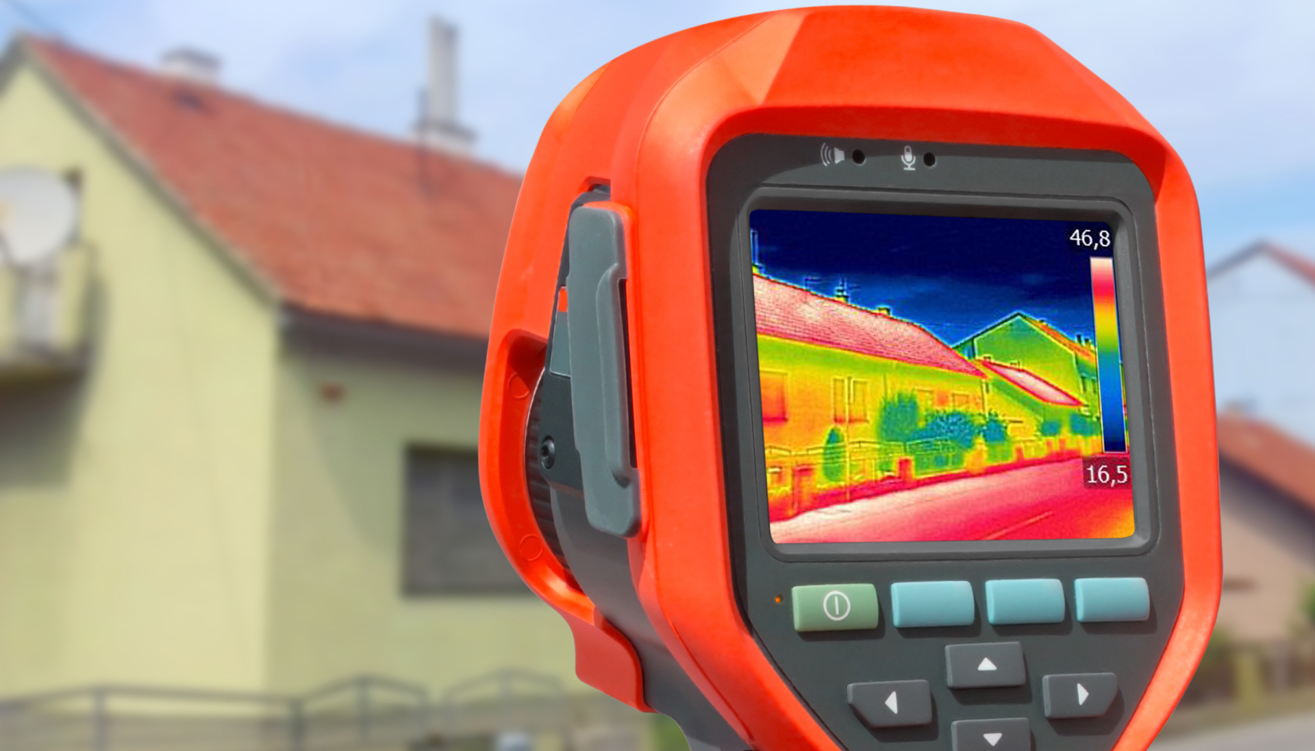 A thermal camera is taking a picture of a house.