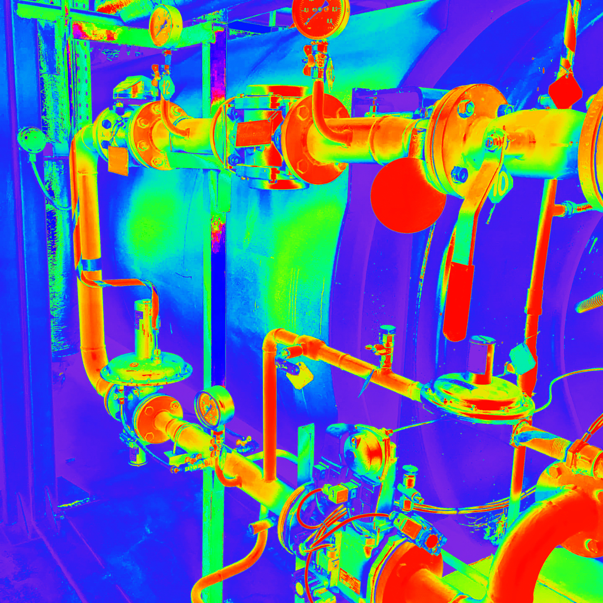 A thermal image of pipes and valves in a factory.