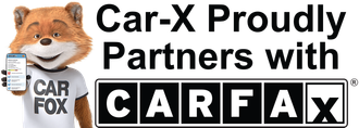 Car-X Fox mascot holding phone next to