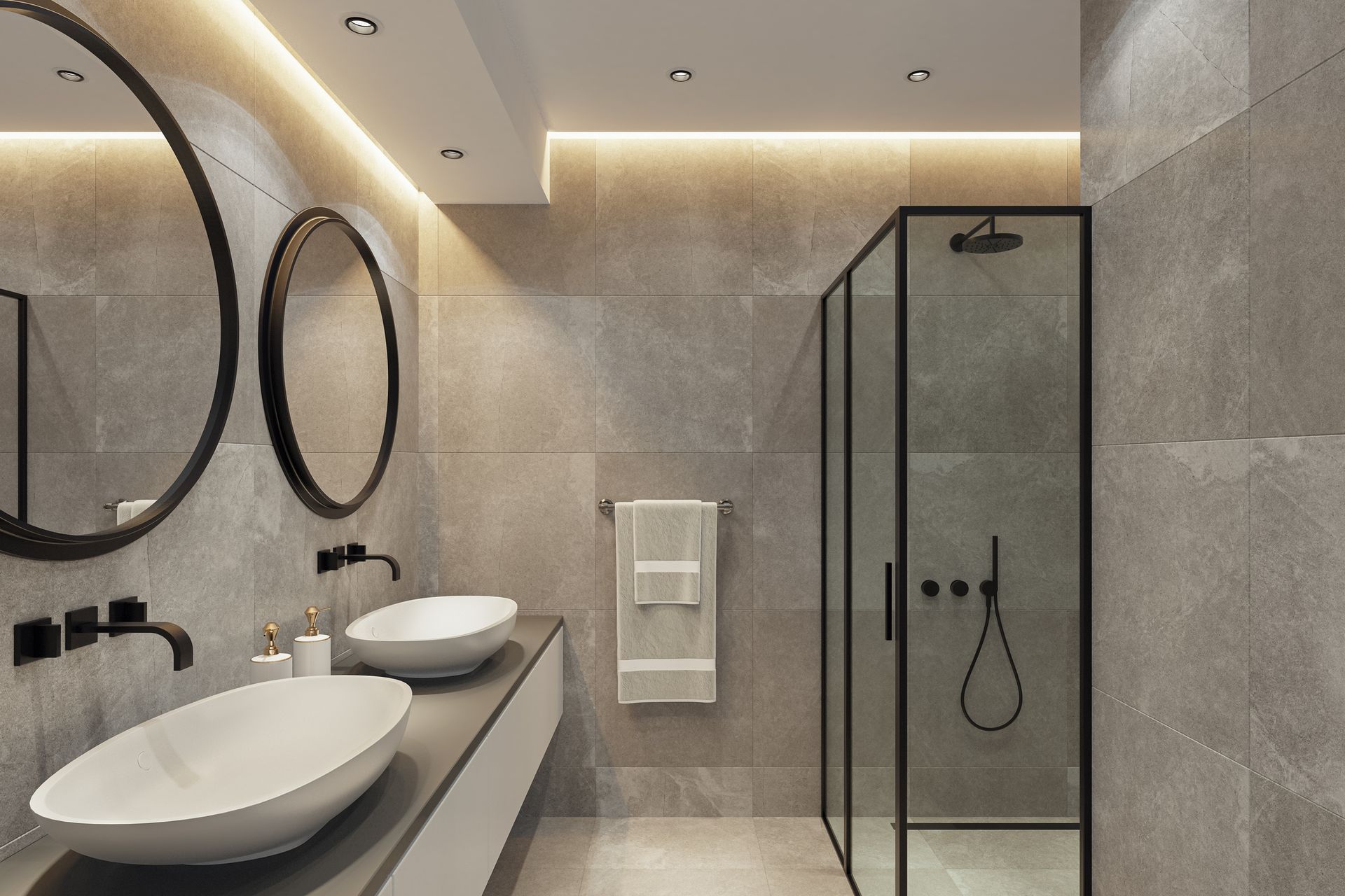 A modern bathroom with dual sinks and natural stone tiles, showcasing expert bathroom remodeling. A modern bathroom with dual sinks and natural stone tiles, showcasing expert bathroom remodeling.