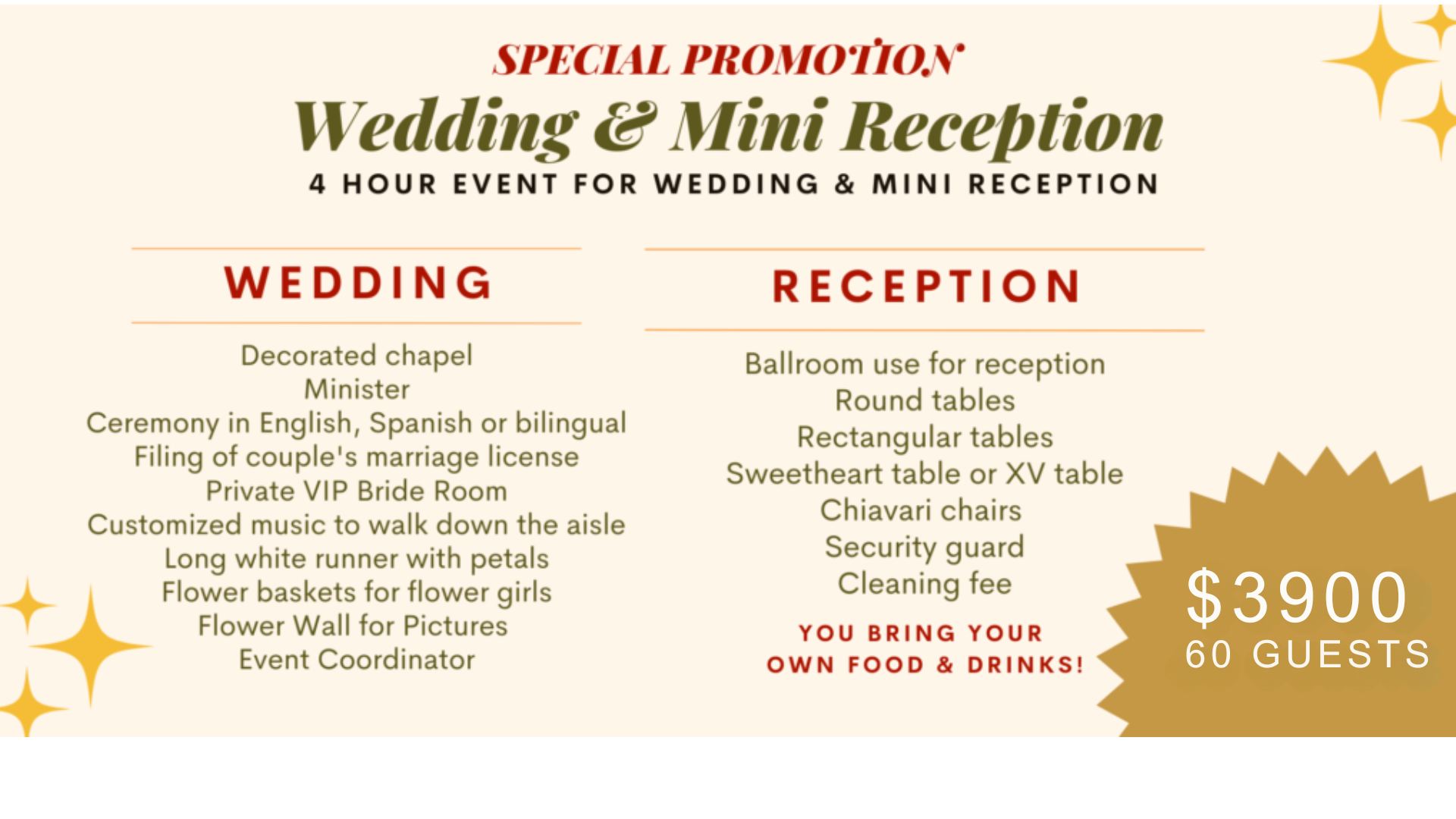 A special promotion for a wedding and mini reception