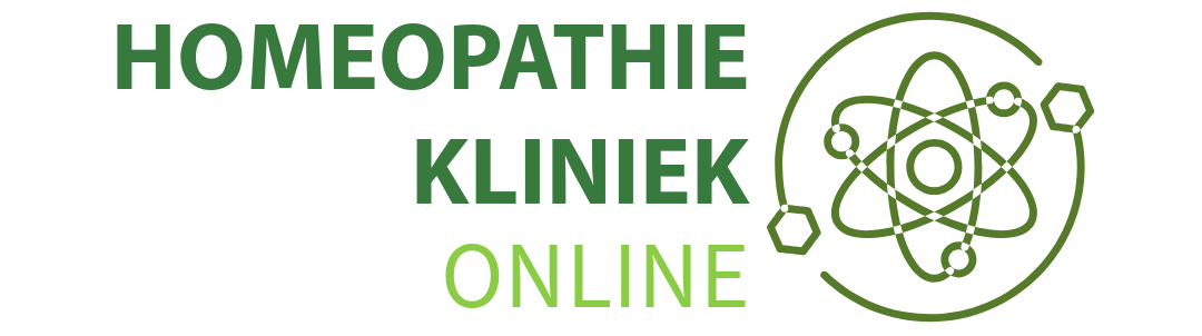 Een logo voor homeopathie kliniek online met een afbeelding van een atoom