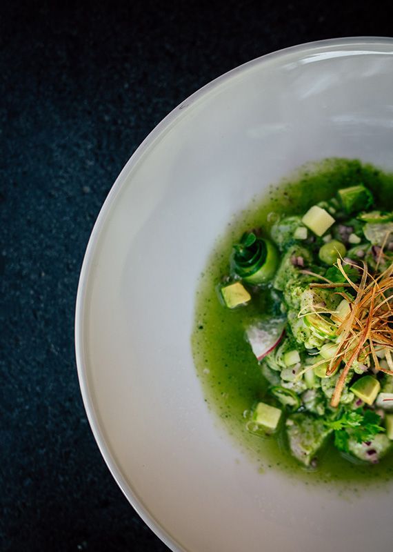 White bowl of green-tinted ceviche with avocado, cucumbers, and a straw-like garnish on a black surface.