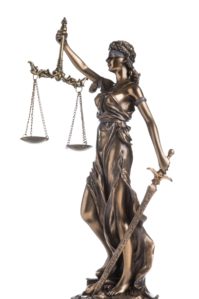 Statua della Giustizia che tiene in mano una bilancia e una spada, bendata.