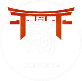 A red Japanese torii gate emblem centered above the kanji character for "sake" and the text "IZAKAYA" in a white circle.