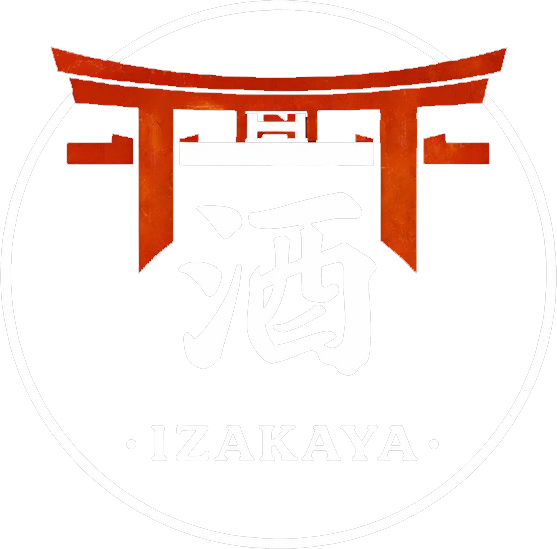 A red Japanese torii gate emblem centered above the kanji character for "sake" and the text "IZAKAYA" in a white circle.
