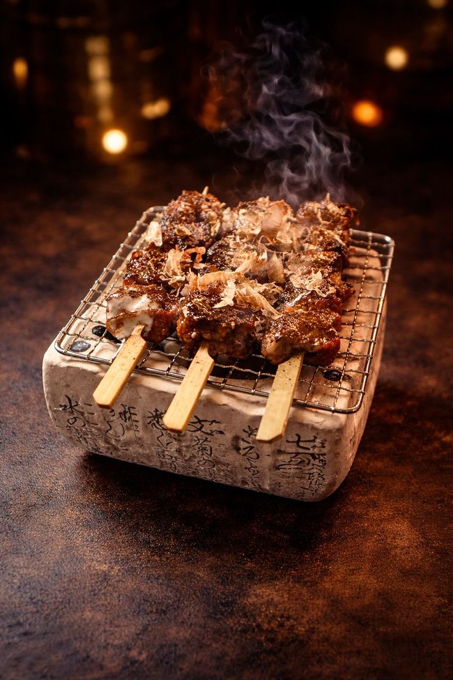 Three skewers of grilled, steaming meat topped with bonito flakes, served on a square stone grill with an etched design.