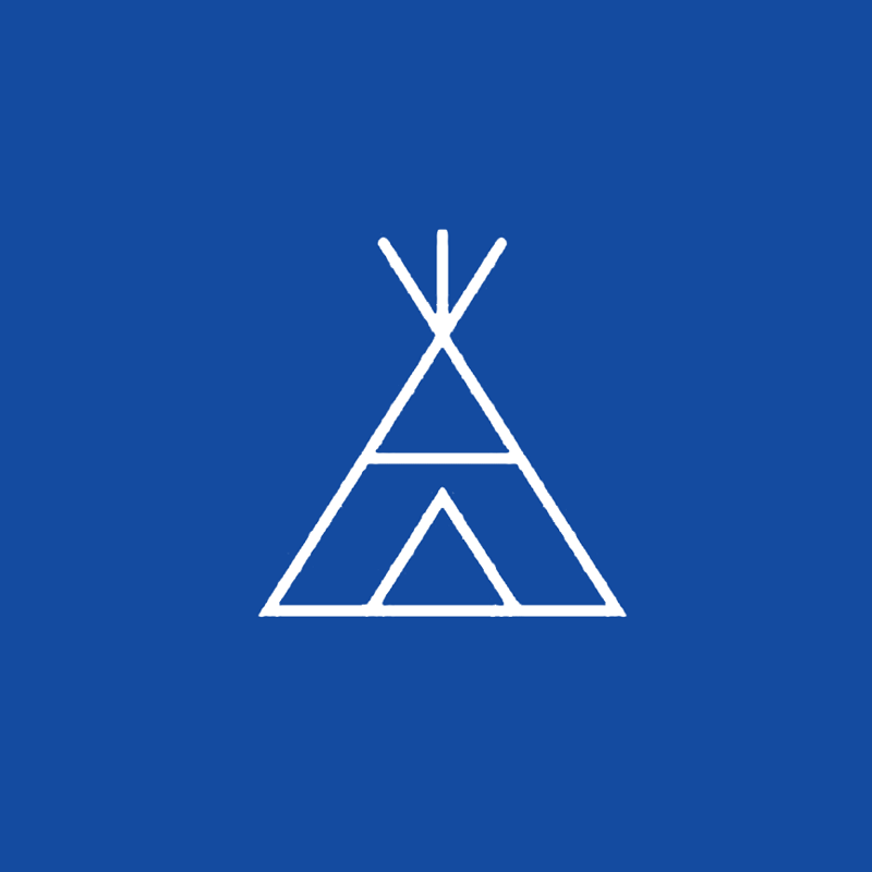 White outline of a teepee on a blue background.