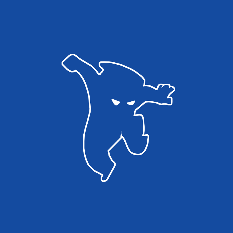 White ninja outline leaping with eyes on blue background.