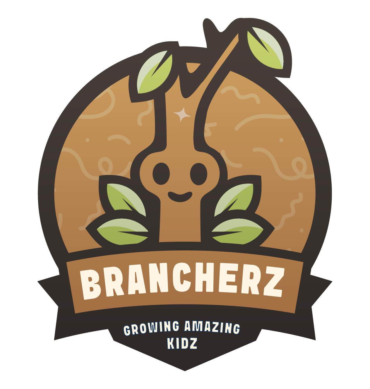 Brancherz logo: cartoon tree with a smiling face, leaves, and text