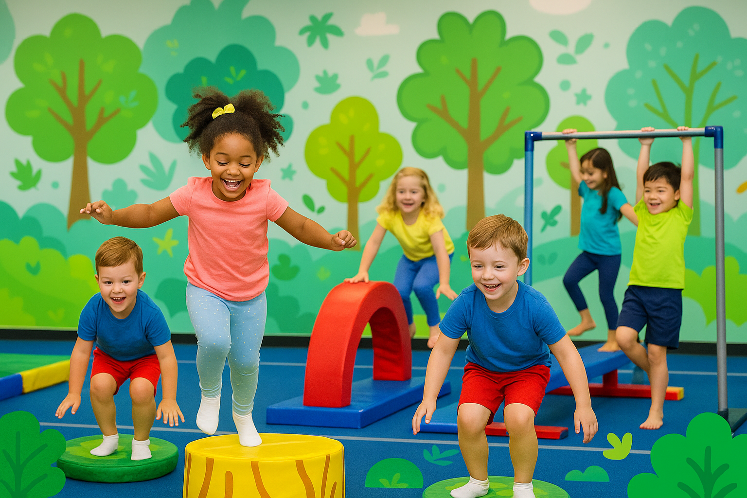 Children playing on colorful gym equipment in a room with a tree mural, smiling and active.