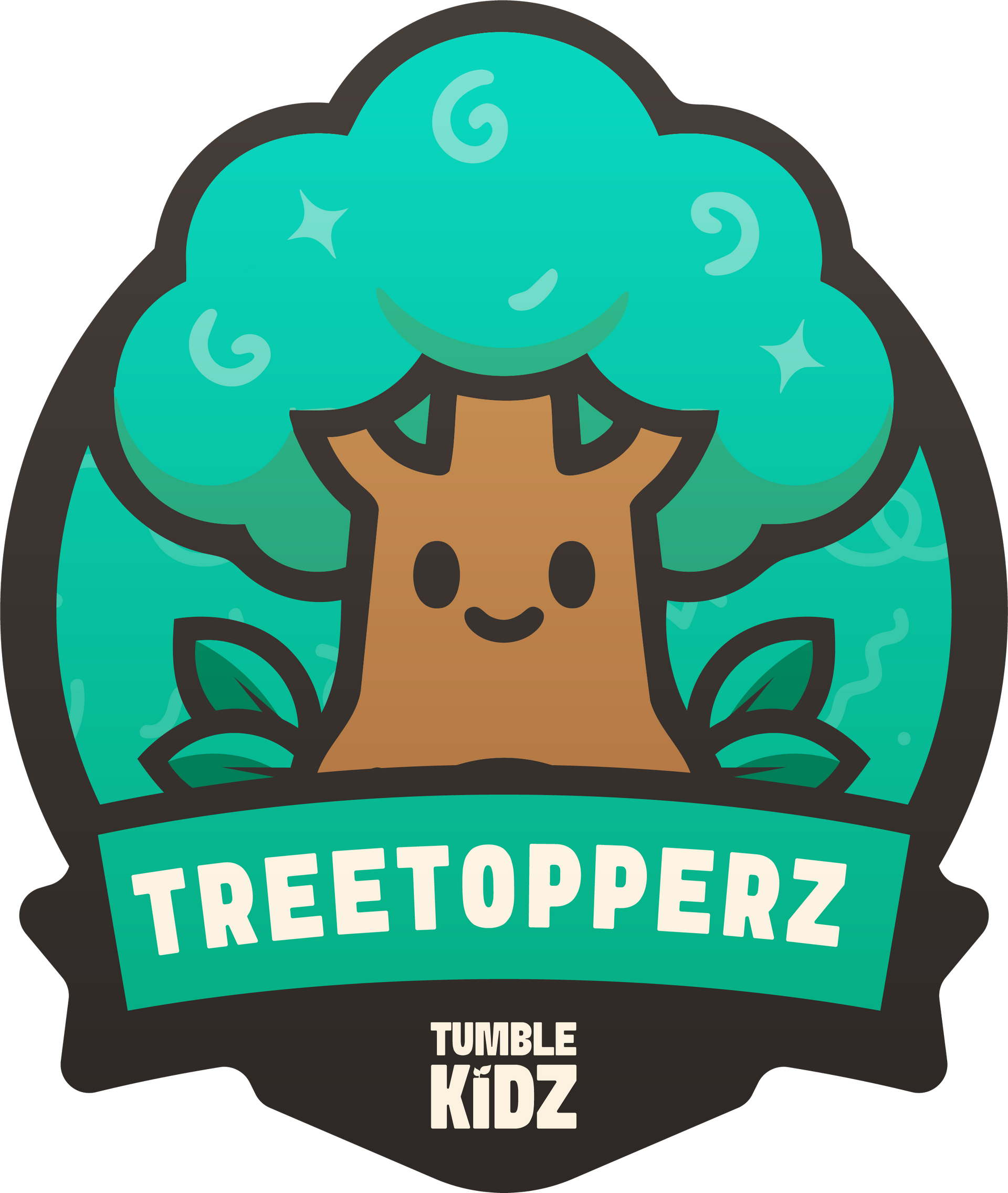 Logo: Brown tree with smiling face, green leaves, teal background,