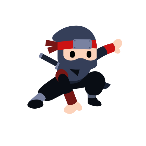 Cartoon ninja in a low stance, wearing black outfit with red accents, holding a sword.