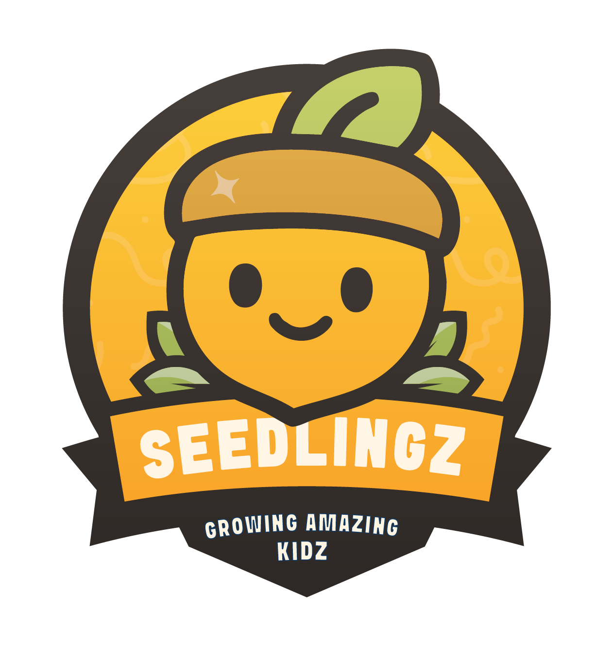 Logo for Seedlingz: smiling acorn character in a gold and brown badge, with
