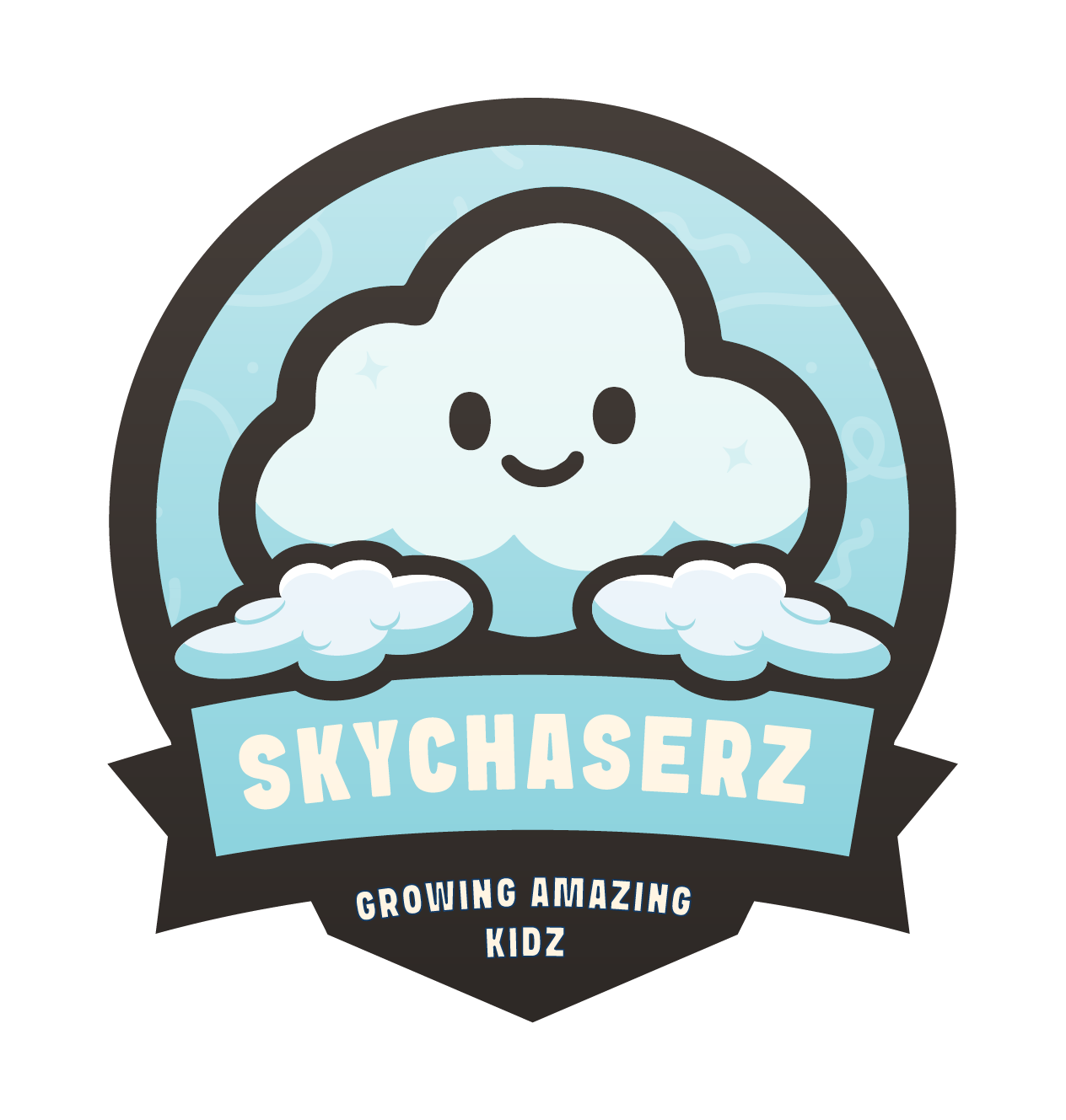 Logo for Skychaserz: smiling cloud inside a badge with