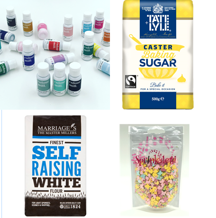 A variety of baking supplies including self raising white and caster baking sugar