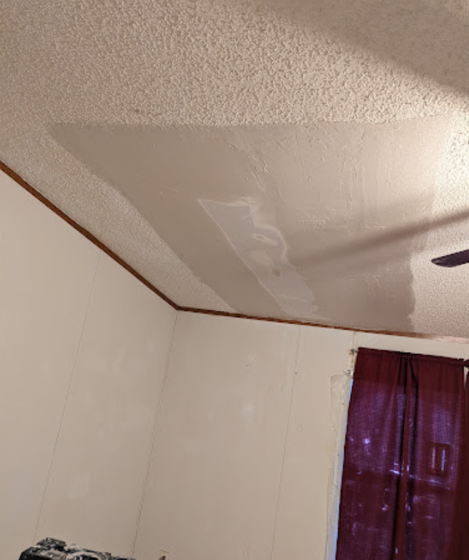 A bedroom with a ceiling fan and purple curtains.