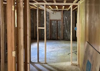 A basement under construction with wooden beams and a door.