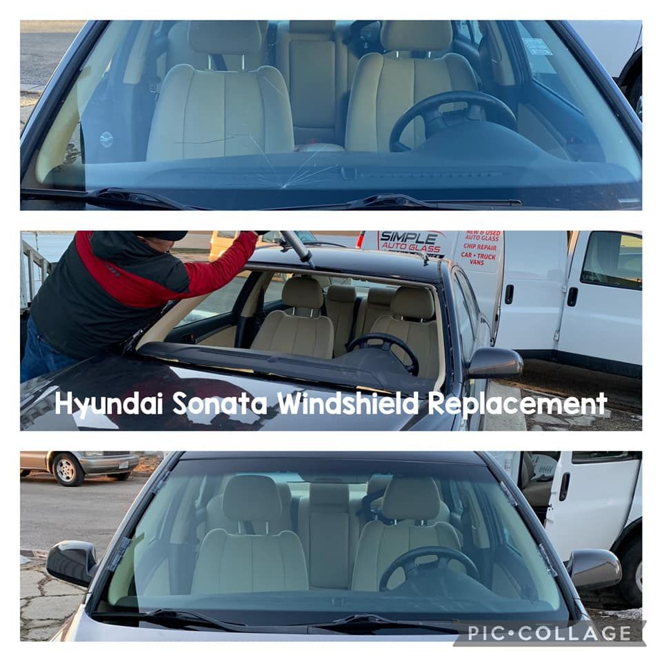 Three pictures of a hyundai sonata windshield replacement