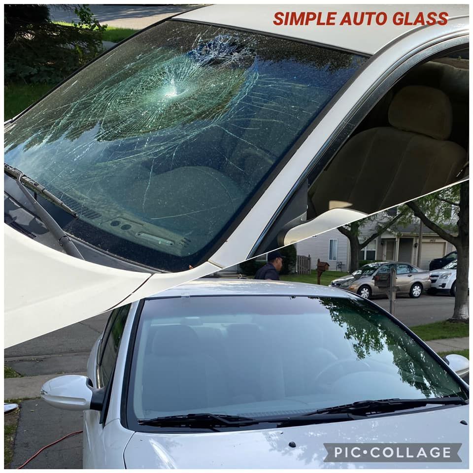 A picture of a car with a broken windshield
