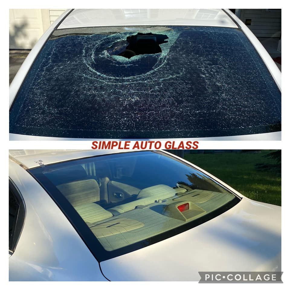 A picture of a car with a broken windshield and a picture of a car with a new windshield