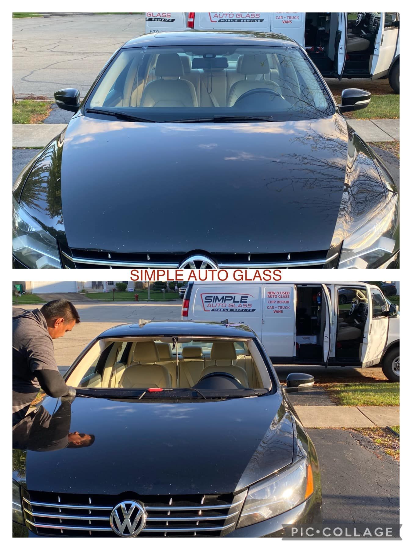 A man is cleaning the windshield of a black volkswagen passat.