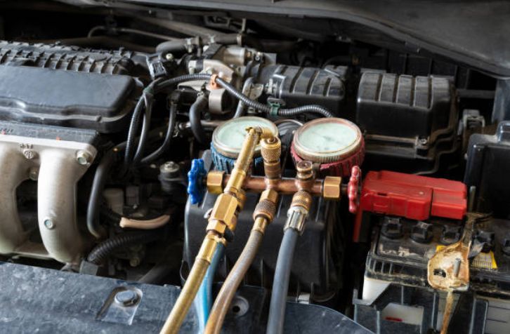 Car engine bay with gauges connected, possibly for AC servicing | G&R Auto Corp