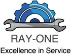 Ray-One logo with blue gear and gray wrench over the slogan &ldquo;Excellence in Service&rdquo;