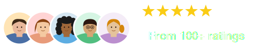 Three circular profile photos beside five gold stars on a white background