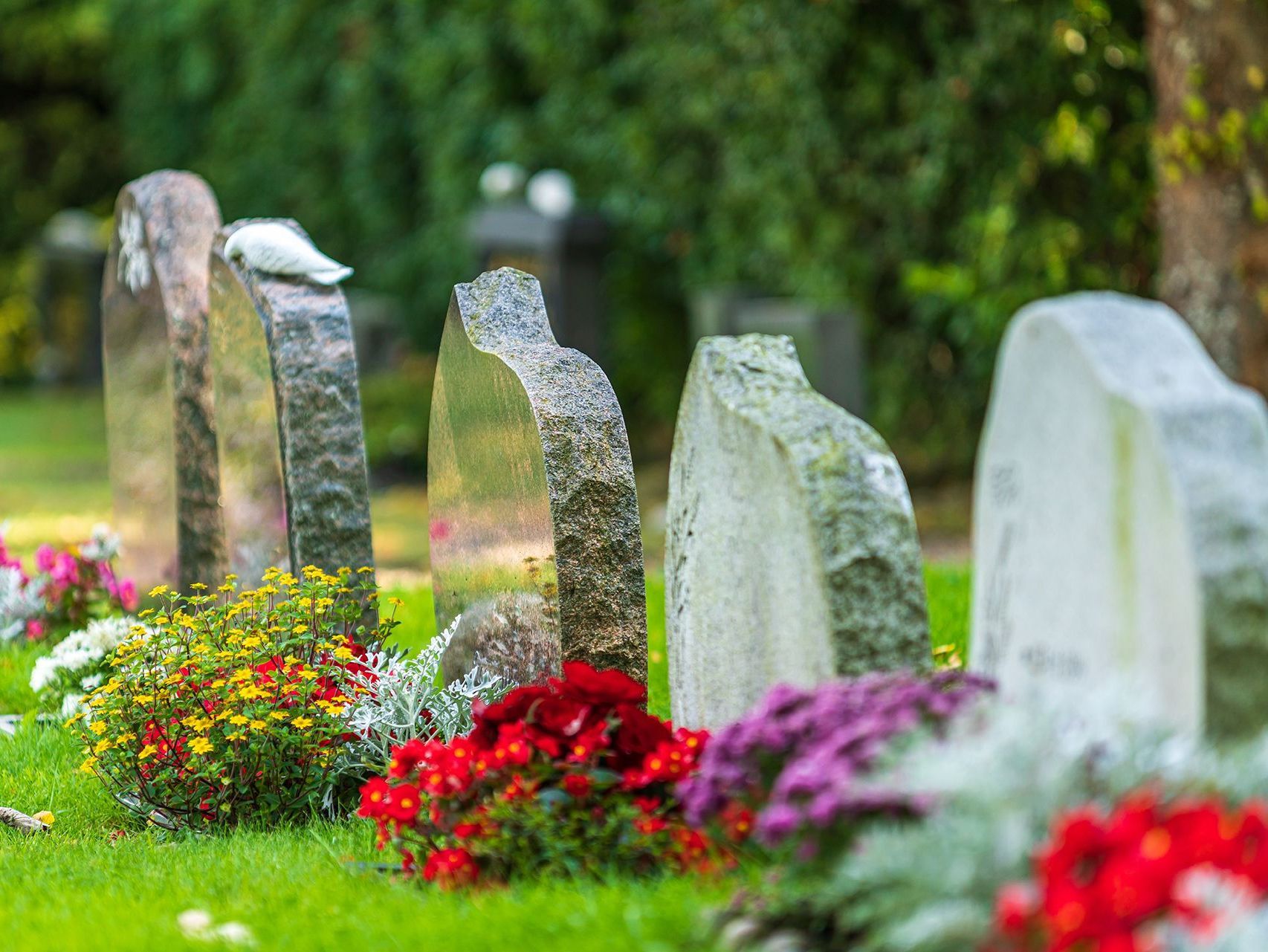 A cemetery filled with lots of graves and flowers.