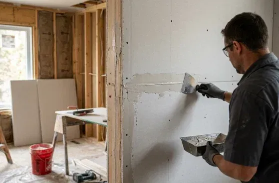 A person wearing gloves applies joint compound to a drywall seam with a metal putty knife in a room under construction.