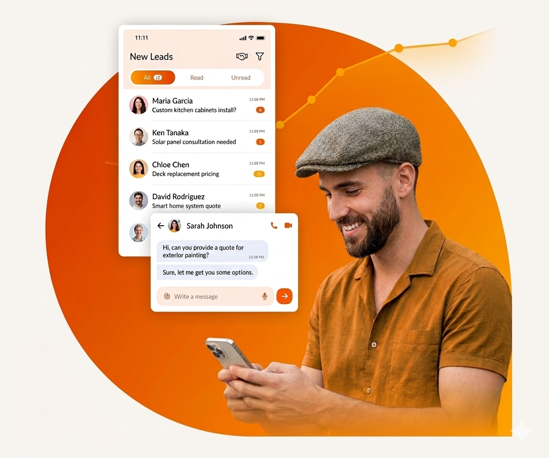 A man in a flat cap smiles while using a smartphone, set against a circular orange background with floating app menus.