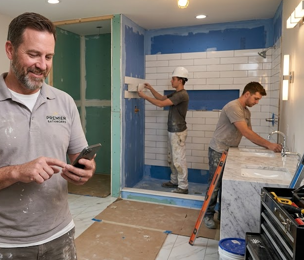 A man smiles while looking at his phone in a bathroom under construction, while two workers tile a shower and sink area.