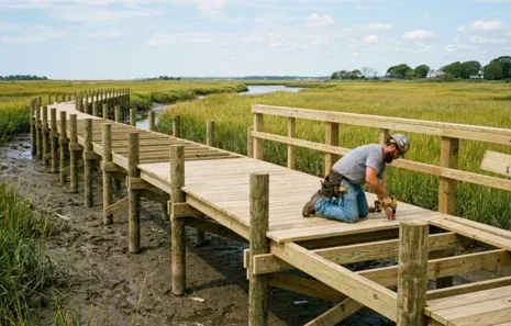 A worker installs wooden planks on a boardwalk stretching through a grassy salt marsh.