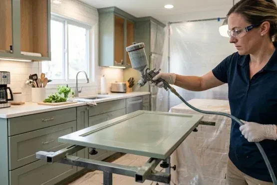 A person in protective eyewear and gloves uses a paint sprayer on a cabinet door in a kitchen.