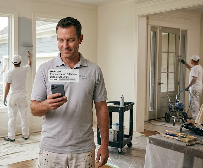 A painter in a grey polo stands indoors looking at a phone, while two colleagues work on painting the walls nearby.