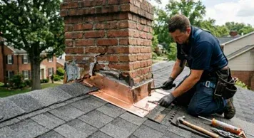 A construction worker installs copper flashing around a brick chimney on a shingled roof.