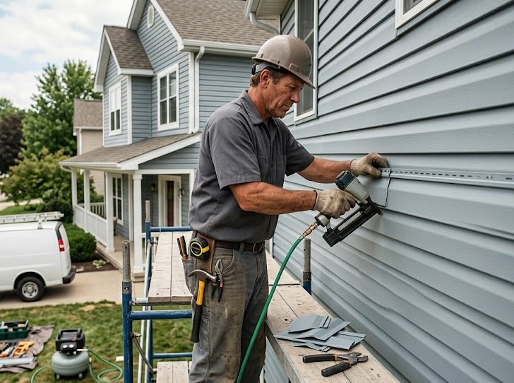 A person wearing a hard hat uses a nail gun to install blue horizontal siding on the exterior wall of a house.