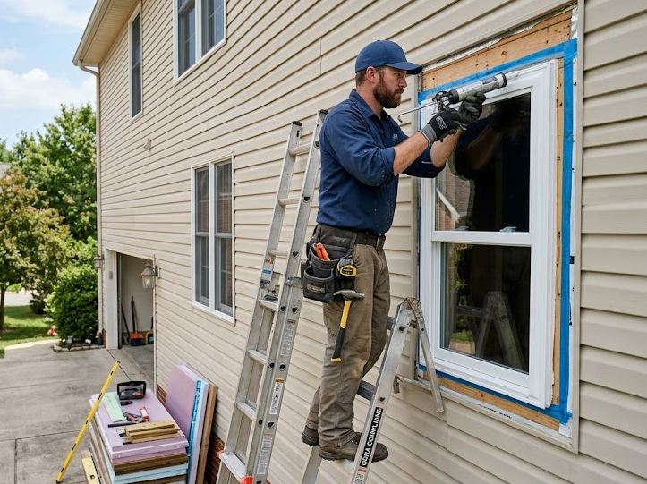 A worker stands on a ladder, using a caulk gun to seal the edges of a newly installed window on a residential home.