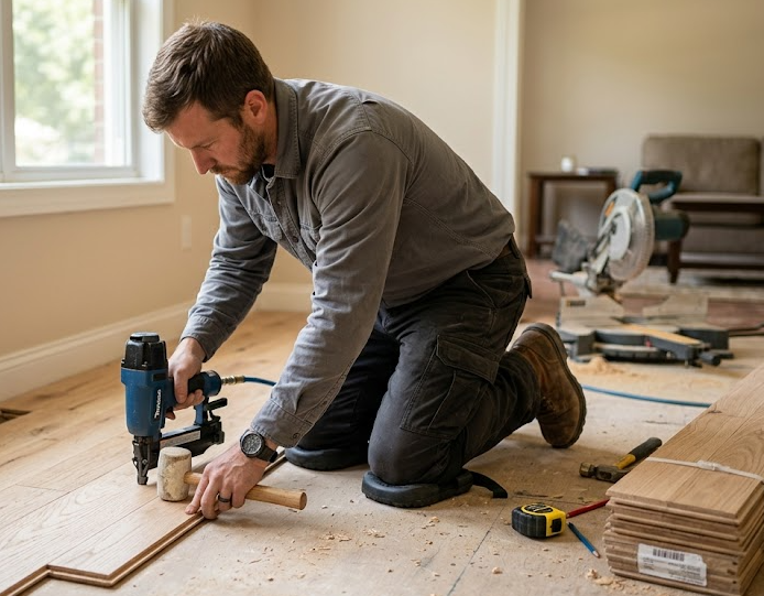 A person kneels on a subfloor, using a pneumatic nailer and mallet to install hardwood flooring in a home.