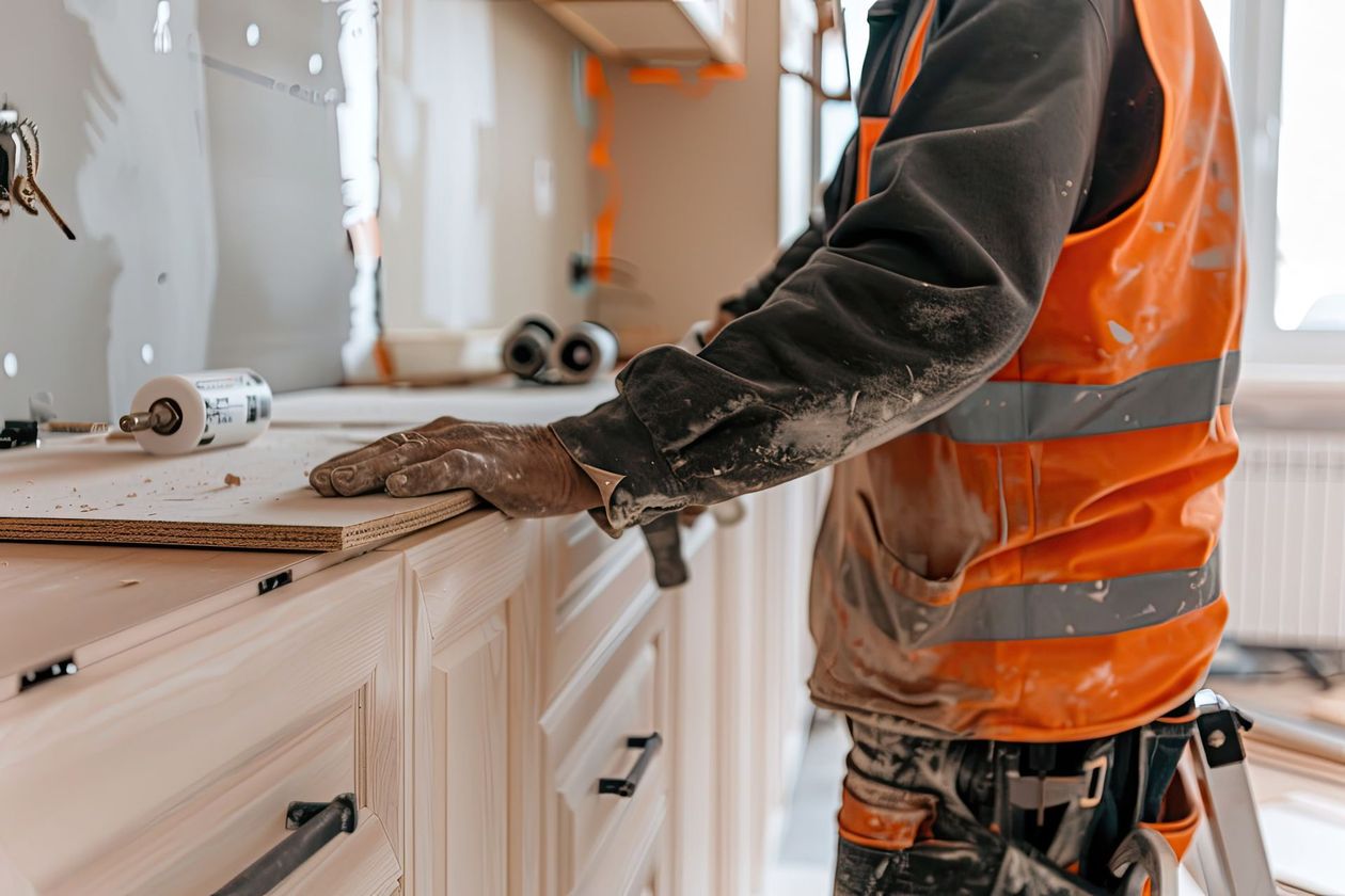 handyman working on kitchen cabinets