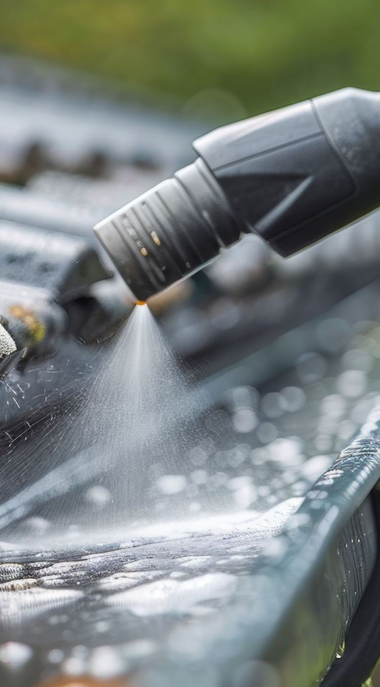 A close up of a high pressure washer spraying water on a roof.