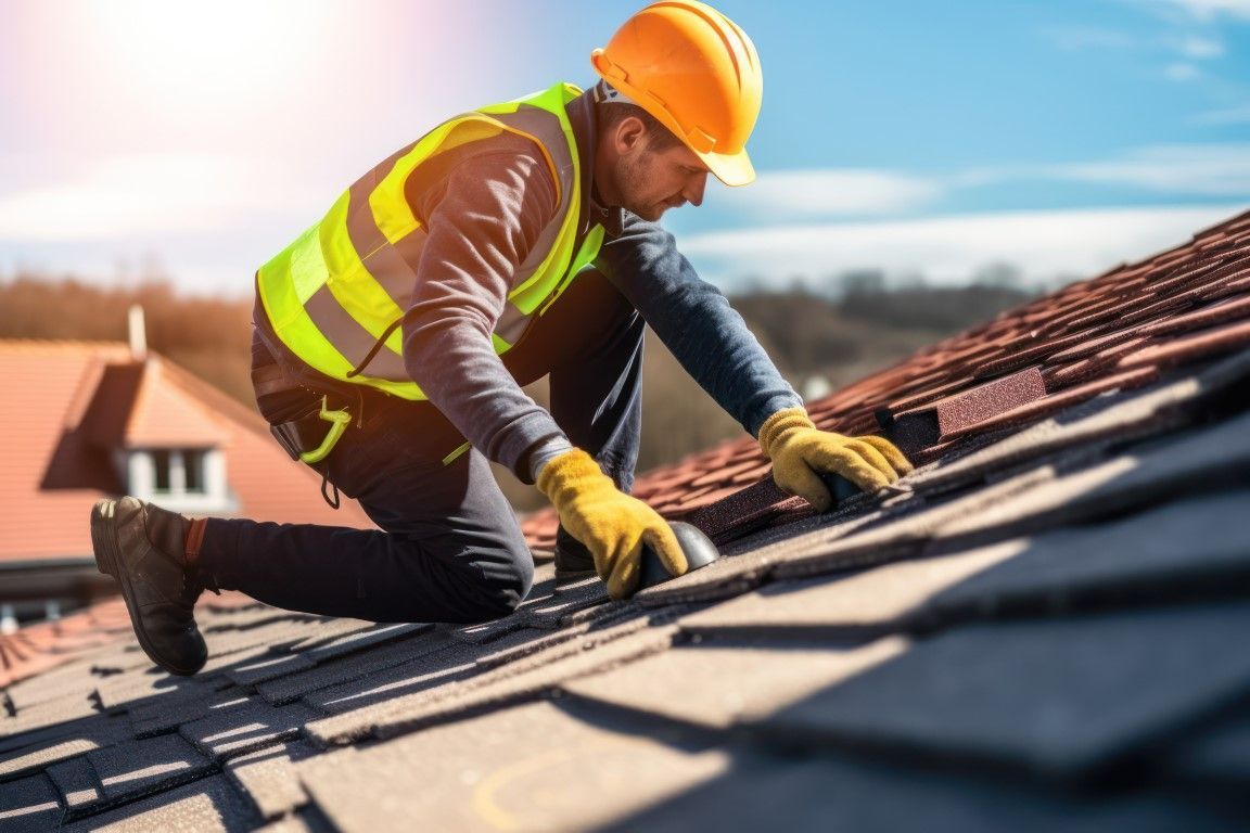 Roofer in safety gear kneeling on a tiled roof under a sunny sky, working on repairs.