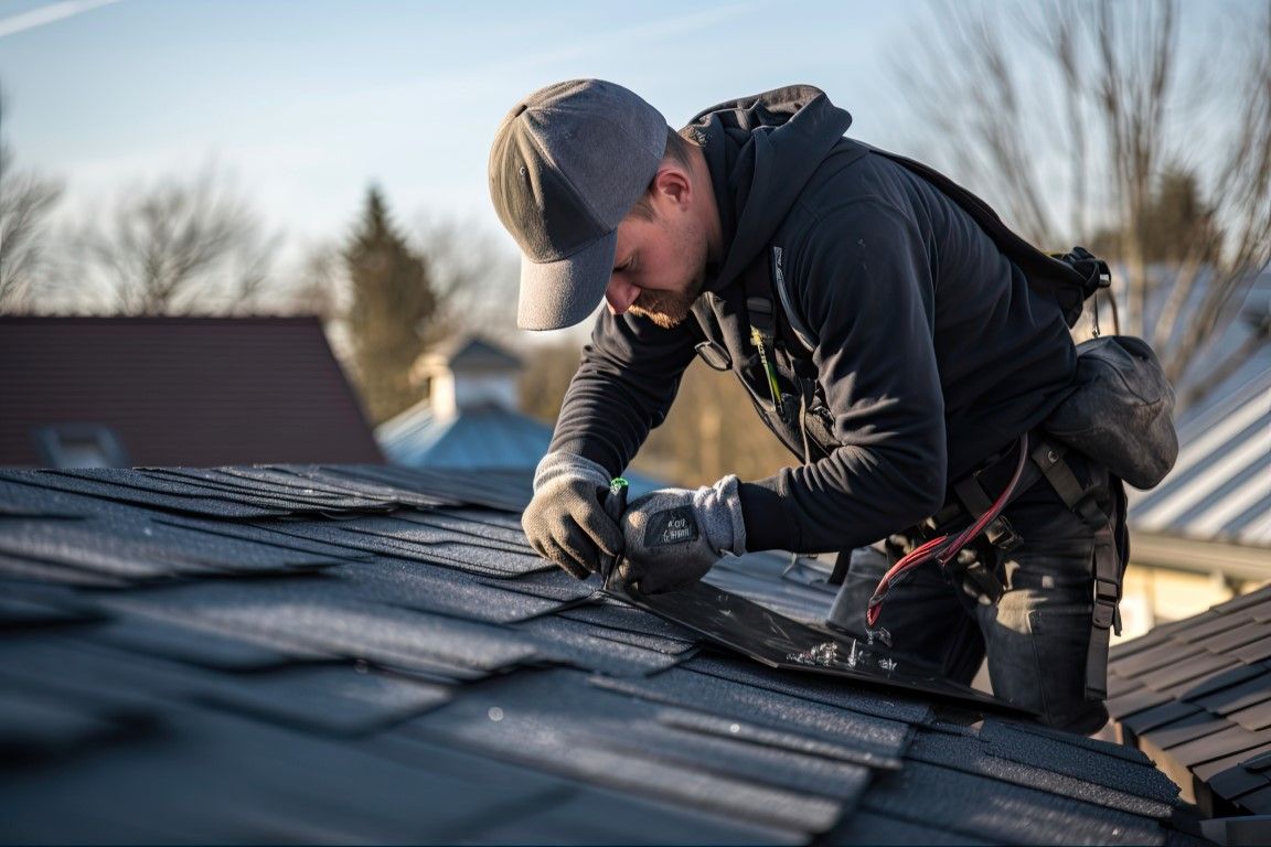 Roofer working on a shingled roof, wearing a cap and gloves, using a tool.