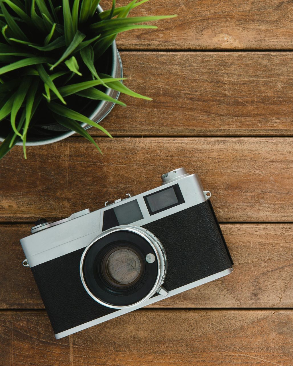 A camera is sitting on a wooden table next to a potted plant.