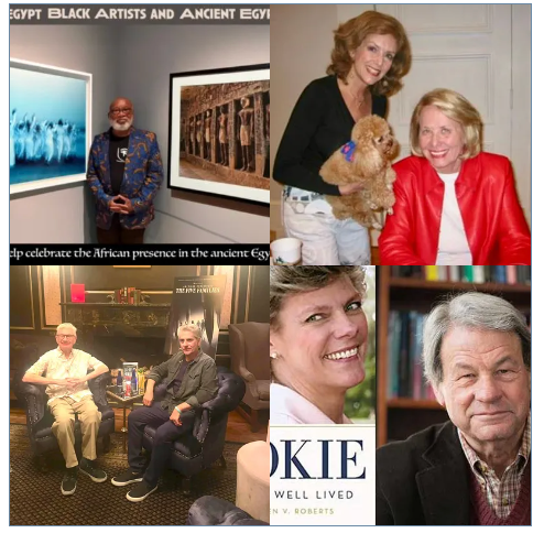 Collage: Black artist with art, women with dog, people with a book. Text: 