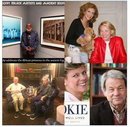 Collage: Black artist with art, women with dog, people with a book. Text: 