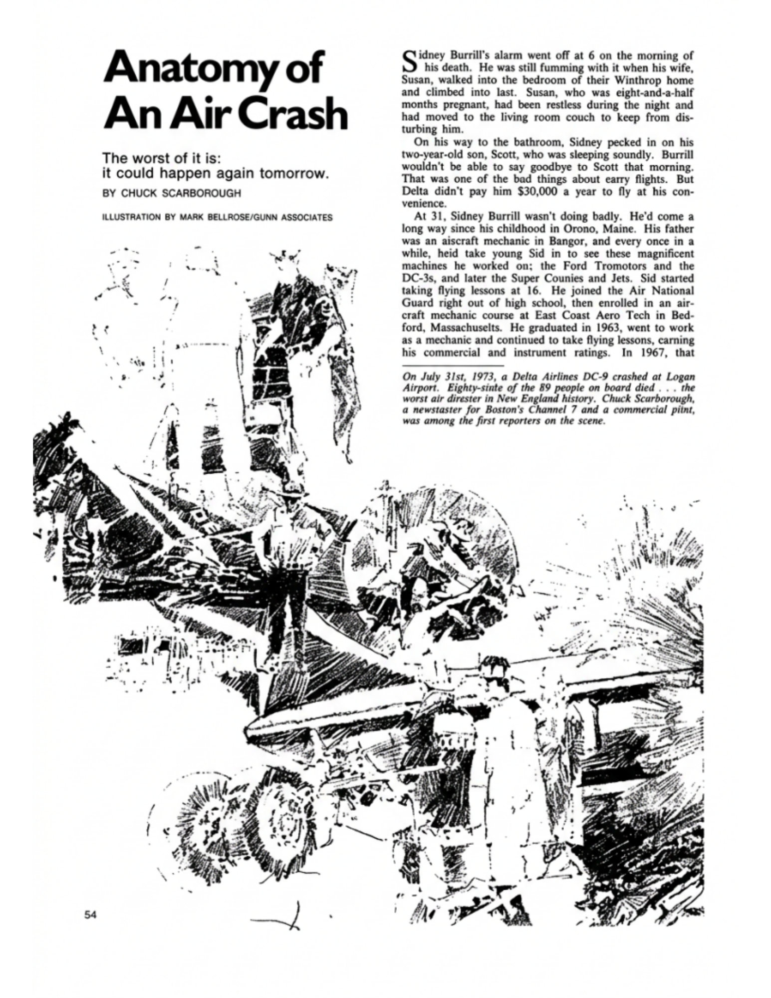 Magazine page titled “Anatomy of an Air Crash” with a black-and-white airplane crash illustration and article text